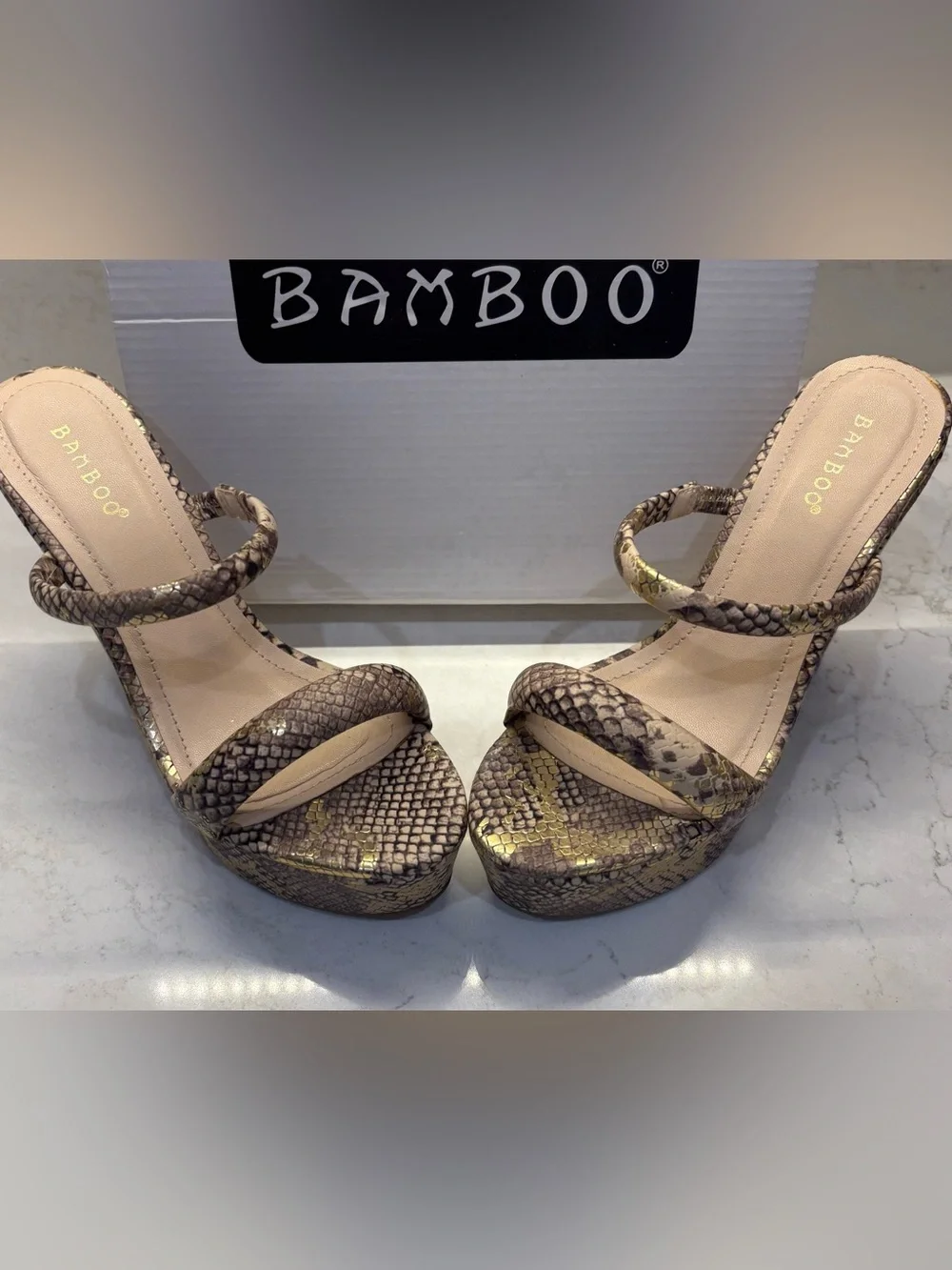 BAMBOO Taupe Snake-Print Platform Sandals with Gold Accents